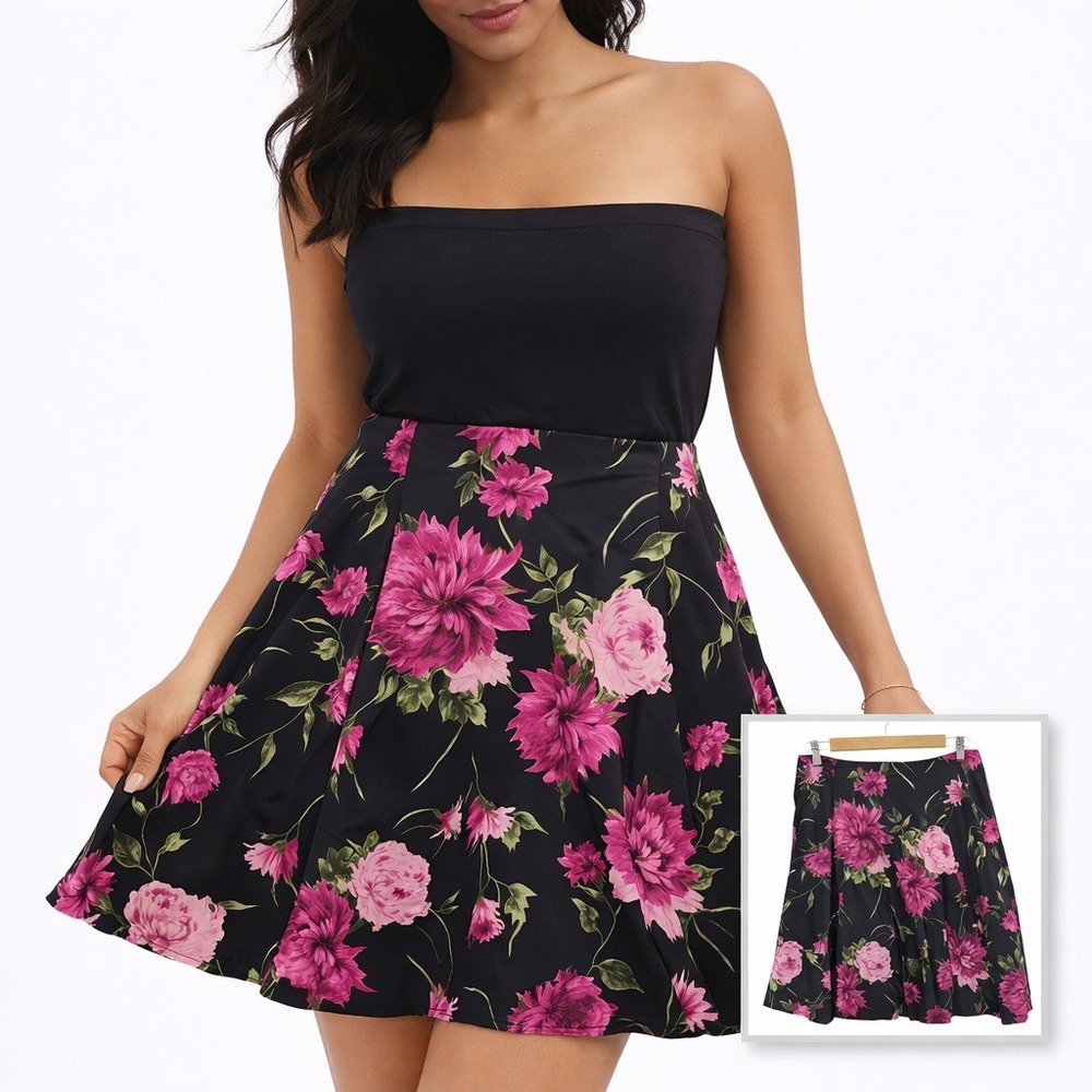 Talbots Pleated Midi Skirt Floral A Line Petite Pink Black 8P‎